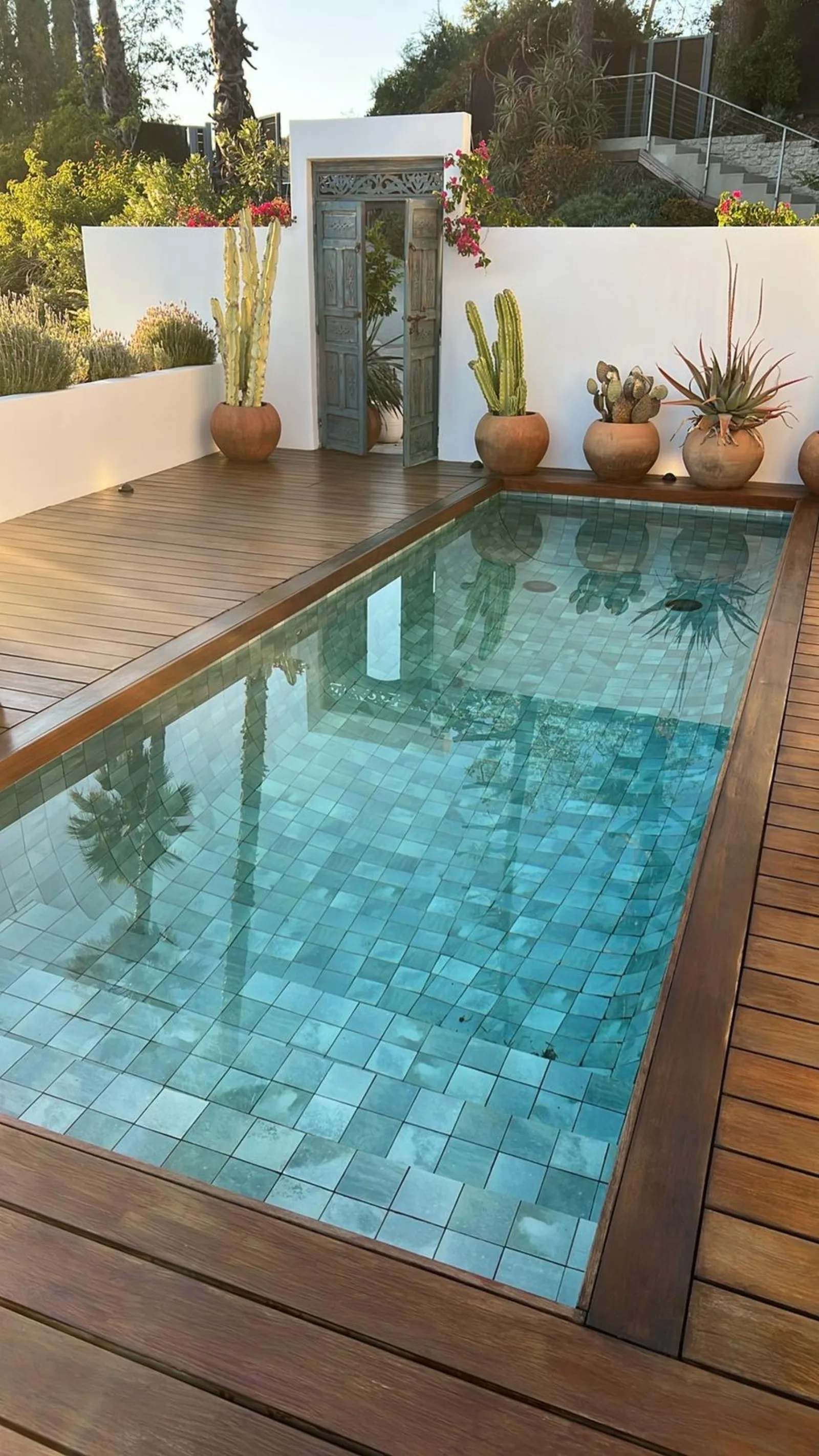 Backyard pool with mosaic tile and ipe wood deck